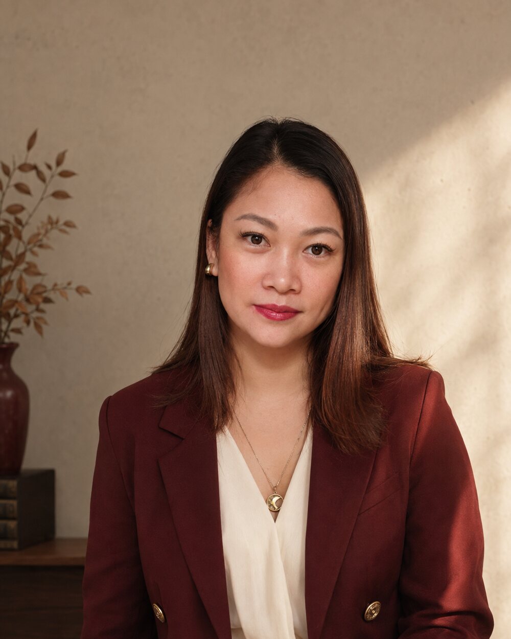 Ruth Maclang in a burgundy blazer
