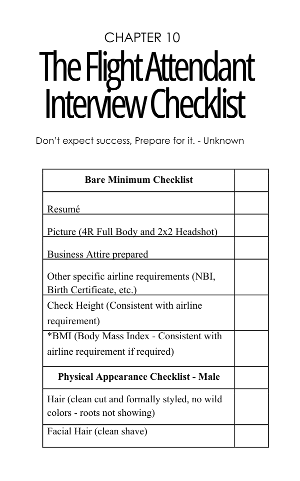 Interior preview page showing the Ready for Take-Off flight attendant interview checklist