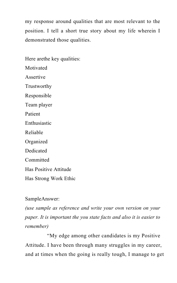 Interior preview page showing a sample interview answer and key qualities