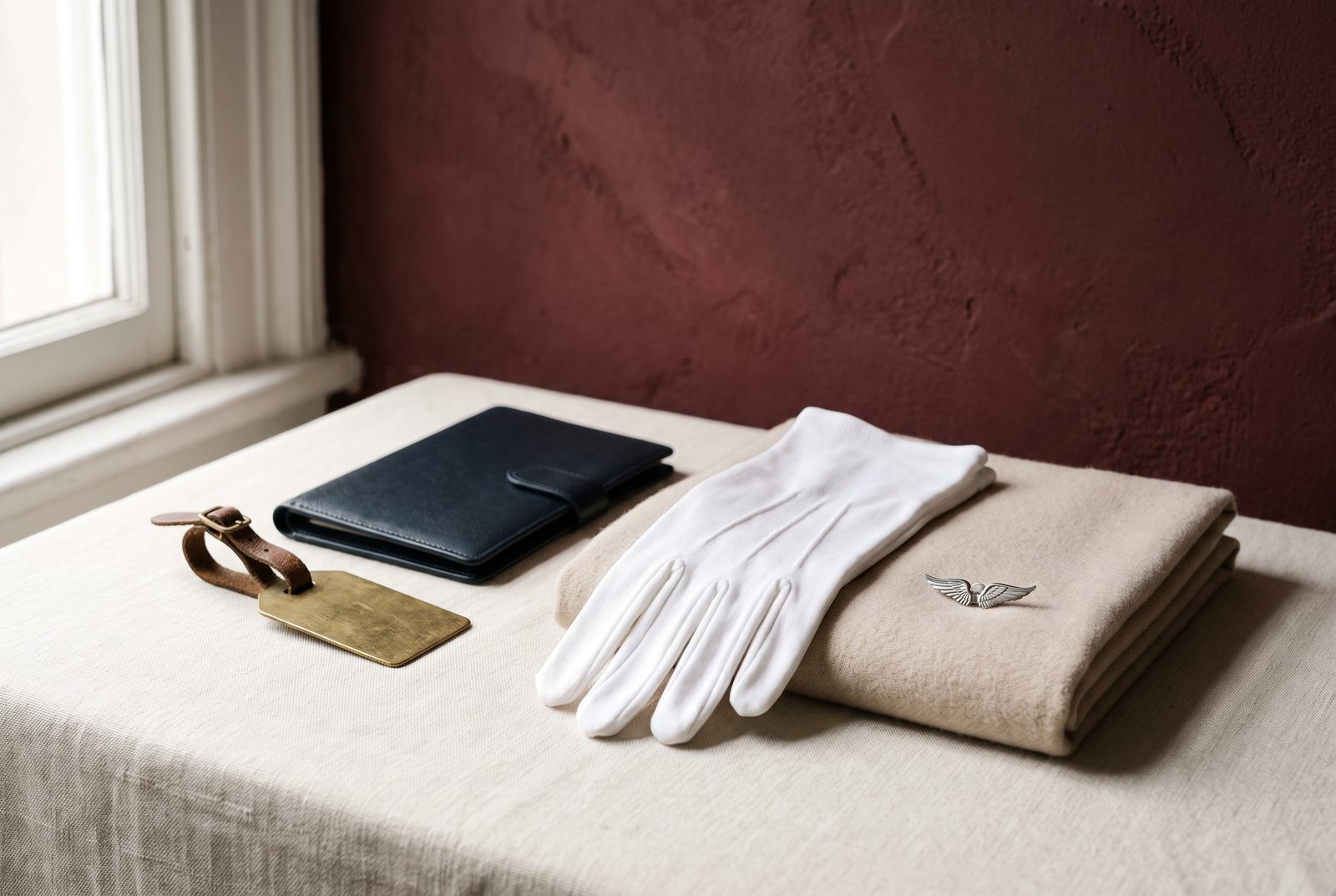 White gloves, luggage tag, wings pin and folded scarf laid out in preparation