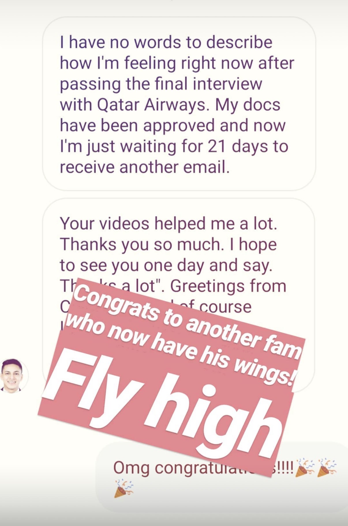 Message sharing that the Qatar Airways final interview was passed