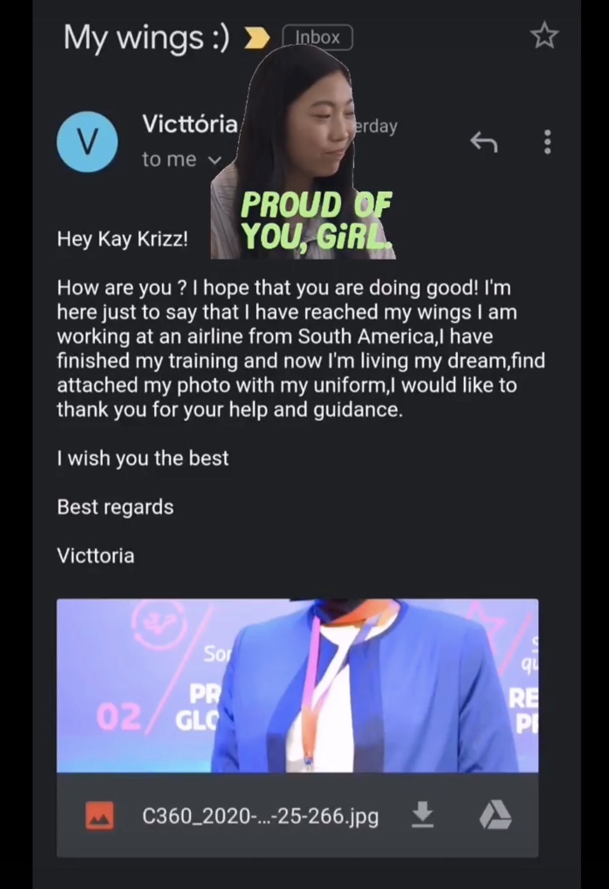 Message celebrating a reader's cabin crew progress