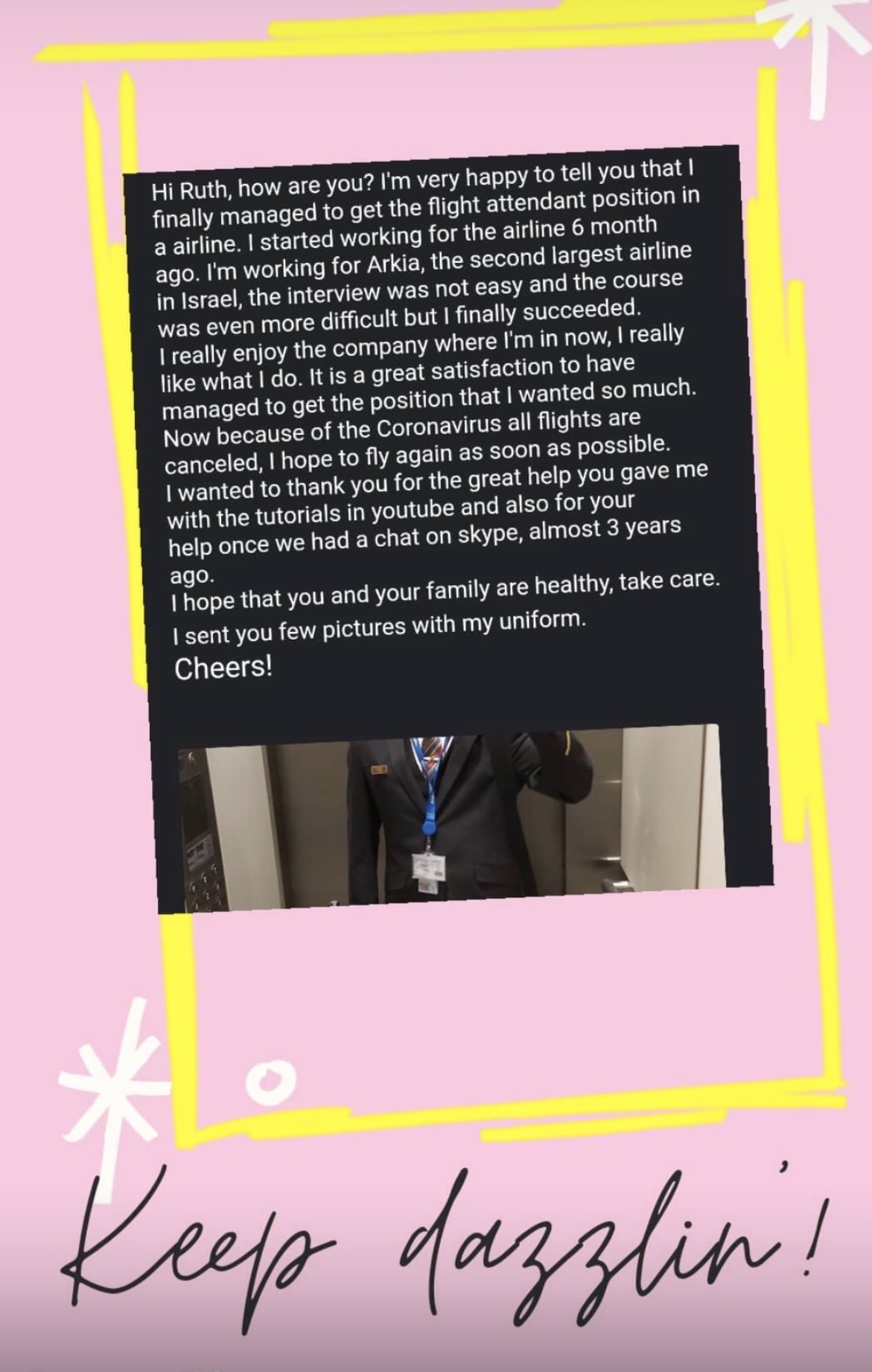 Reader message thanking Ruth for cabin crew preparation help