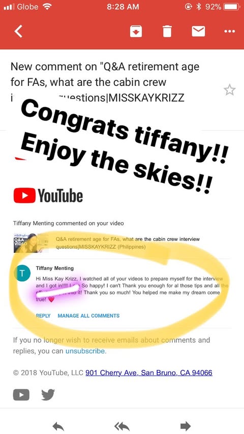 Instagram story congratulating a reader and wishing her well in the skies