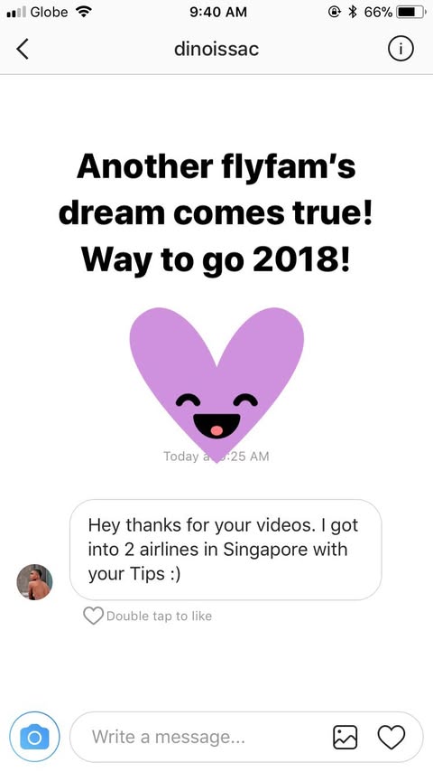 Instagram message celebrating a reader's cabin crew dream