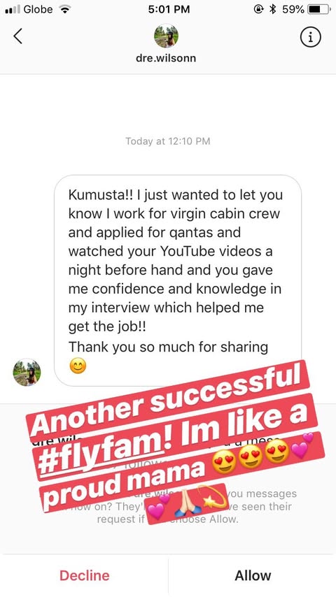 Instagram story celebrating a successful cabin crew result