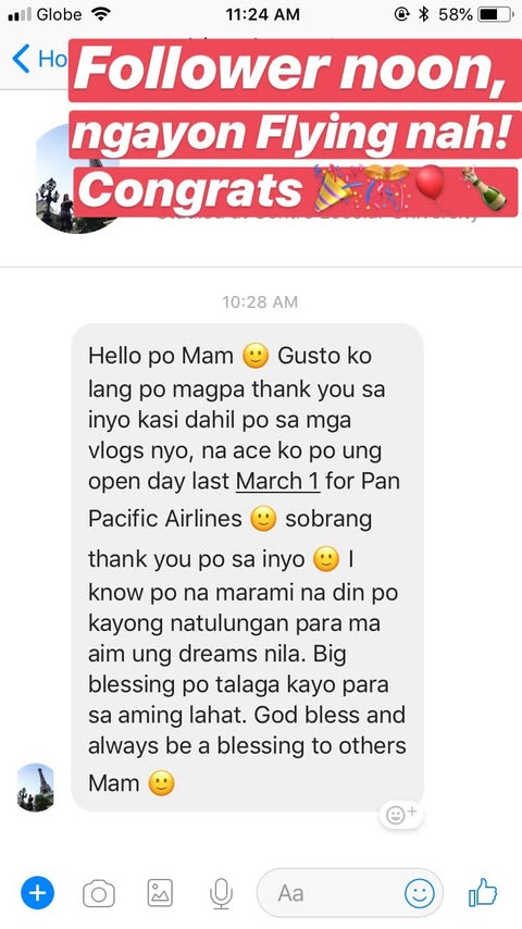 Instagram message from a reader sharing that they are now flying