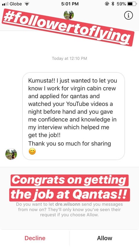 Instagram story congratulating a reader on getting a job at Qantas