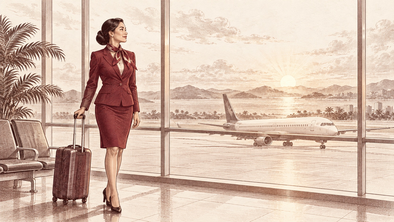 Vintage illustration of a Filipina flight attendant looking toward an airplane at sunrise, imagining a new cabin crew career.