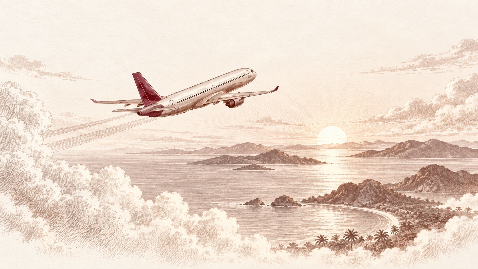Vintage aviation illustration of a passenger plane climbing above Philippine-inspired islands toward sunrise.