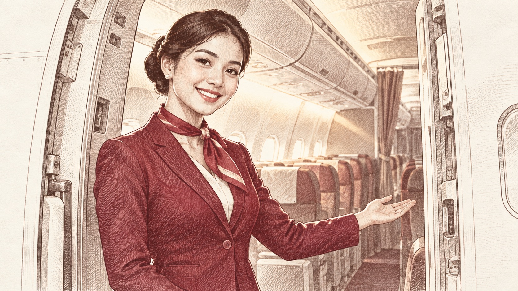 Vintage illustration of a smiling flight attendant welcoming passengers aboard an airplane.